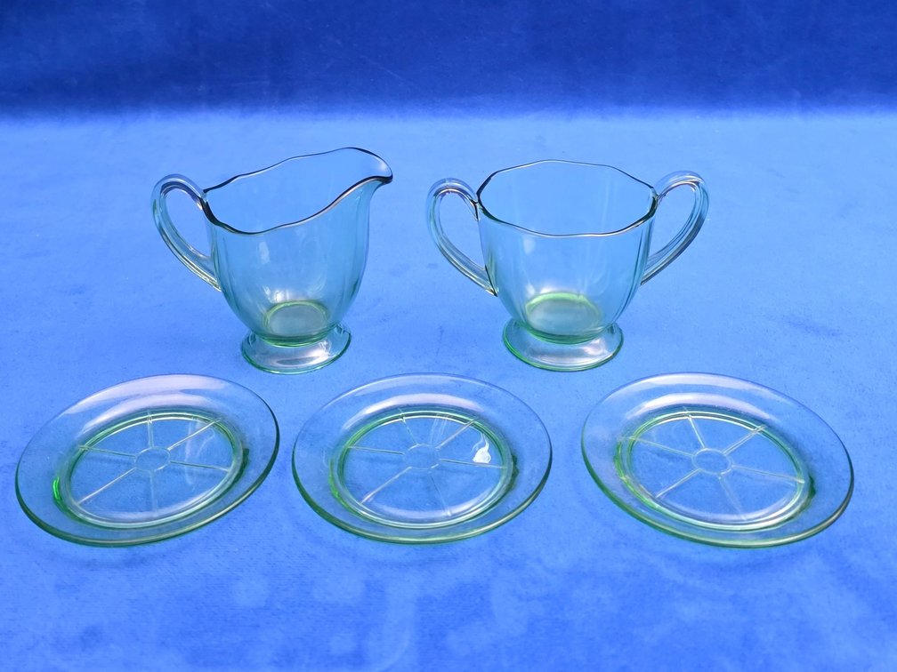 Green Uranium Glass Creamer and Open Sugar Bowl Set and (3) Underplates.