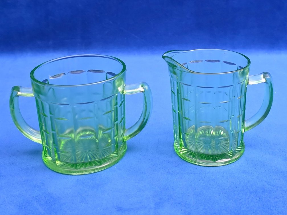 Vintage "Colonial Block" Green Uranium Glass Creamer and Open Sugar Bowl Set.