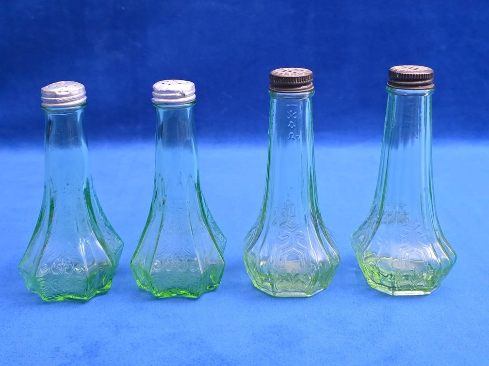 (2) Pairs of Vintage Salt and Pepper Shakers, Green Uranium Glass.