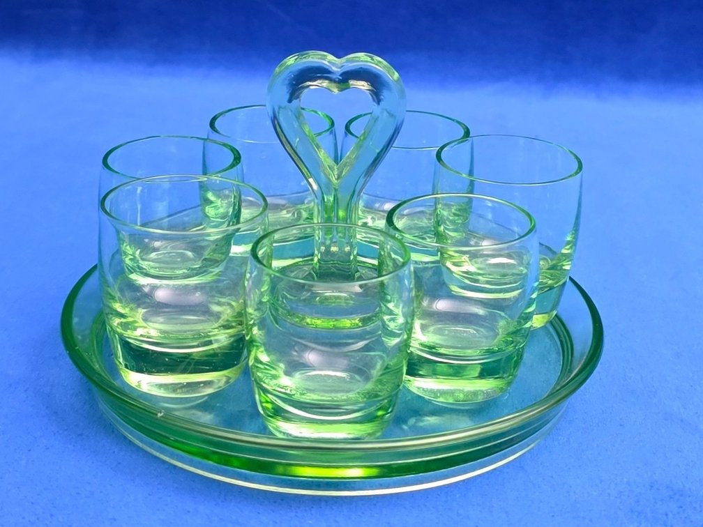 Green Uranium Glass Handled Tray w/(7) Shot Glasses