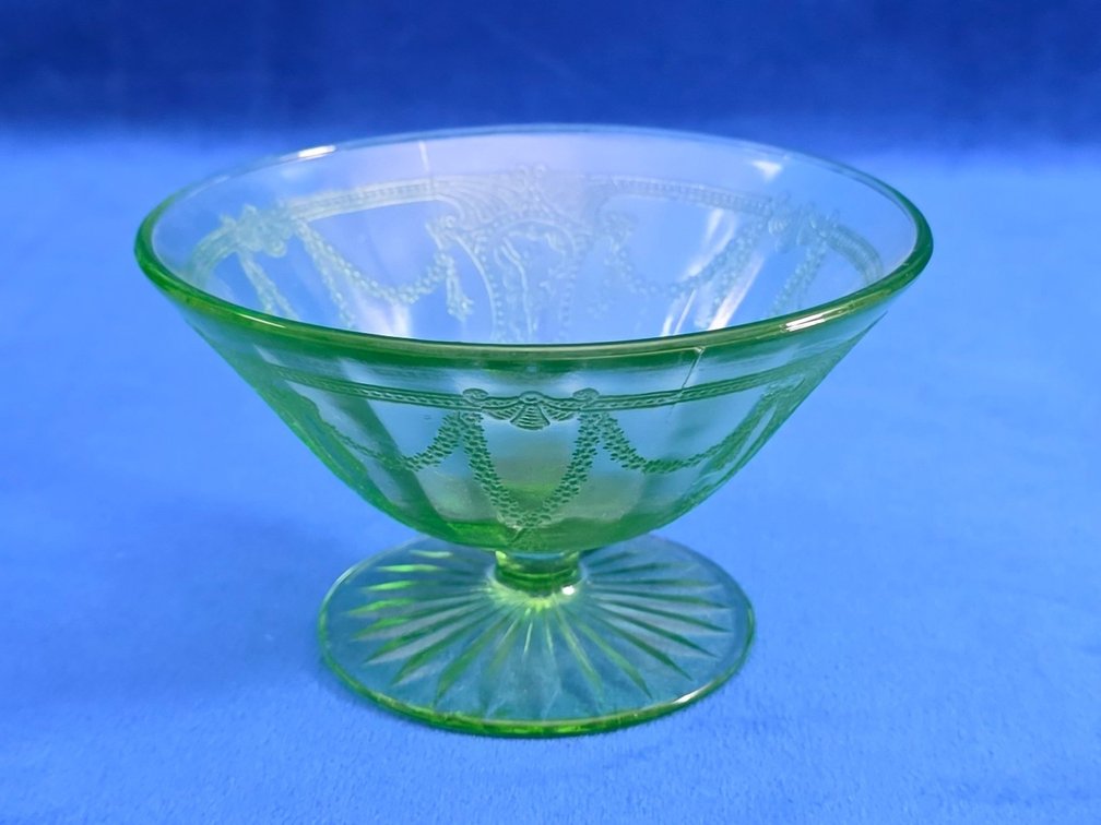 Vintage Green Uranium Glass Glass "Cameo" Footed Compote.