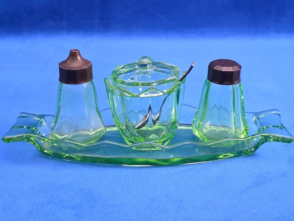 vintage Green Uranium Glass Salt and Pepper Shaker Set with Lidded Sugar Bowl and Handled Tray