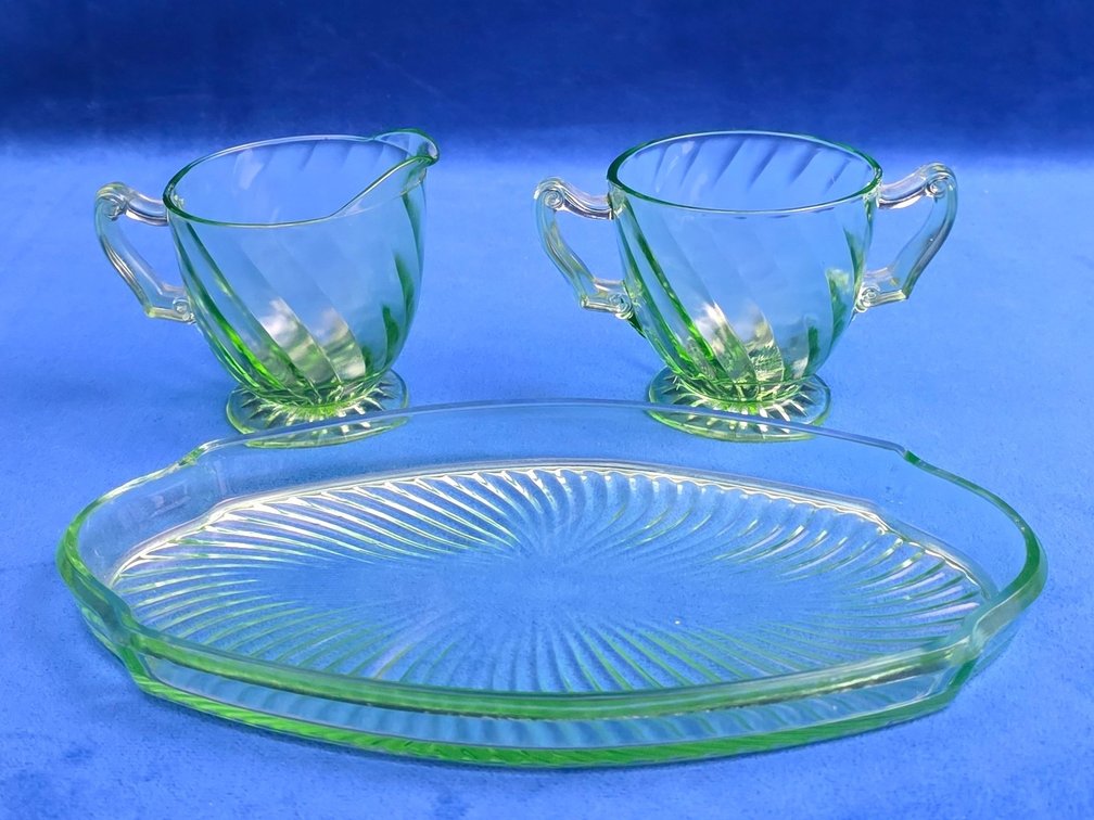 Vintage Green Uranium Glass Creamer & Open Sugar Bowl Set w/Tray