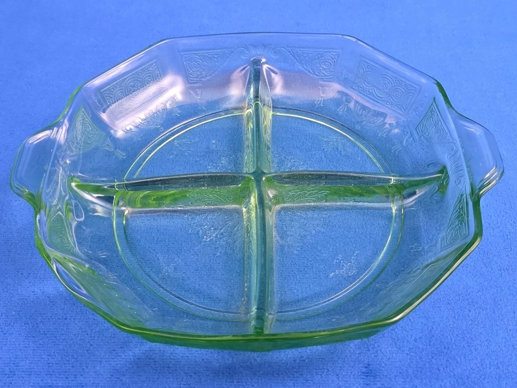 Vintage Green Uranium Glass Divided Relish Dish