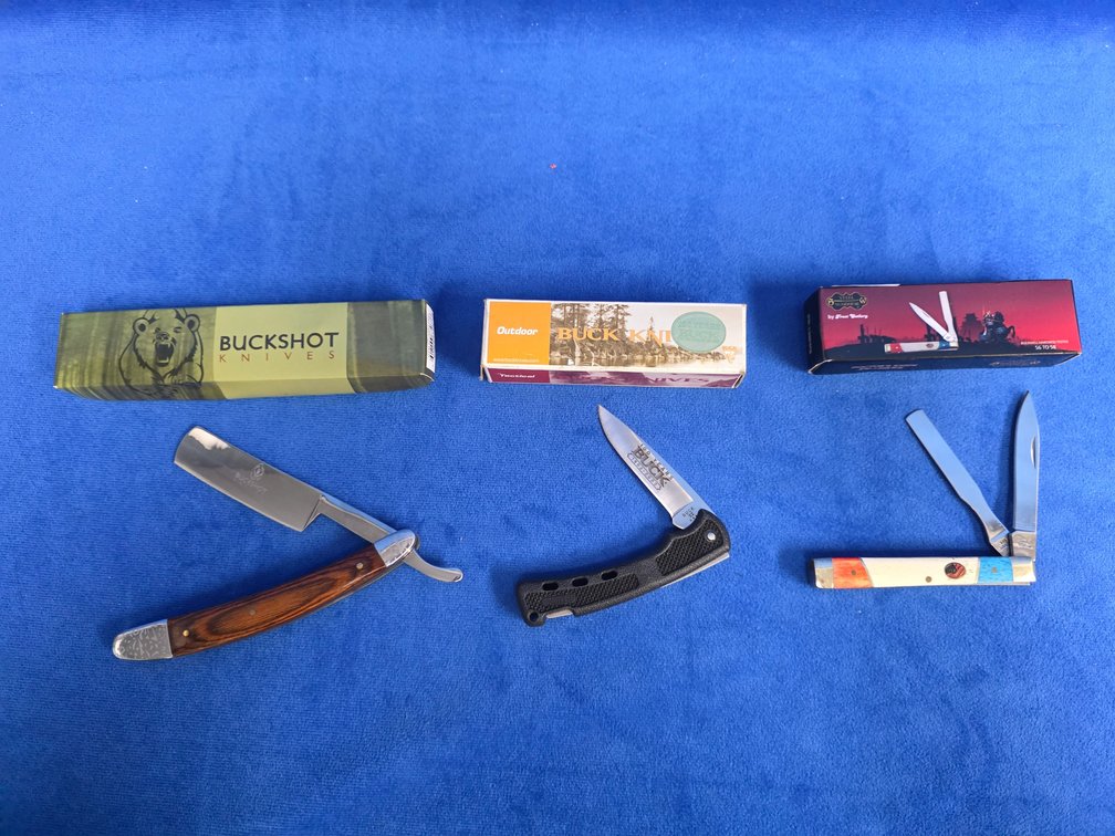 Buckshot Straight Razor, Buck 100 Years Pocket Knife & Frost Cutlery Doctor's Knife