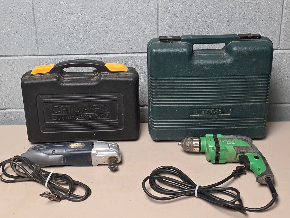 Chicago Elec. Variable Speed Multi- Function Tool & Hitachi 3/8 Drill w/ Cases.