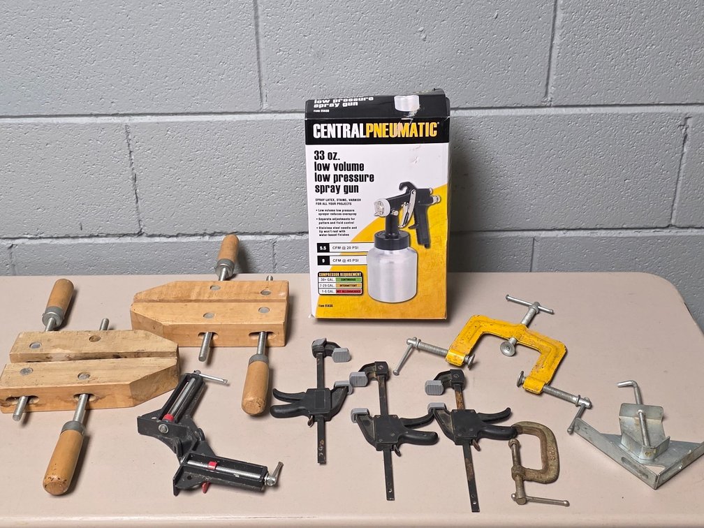 LVLP Spray Gun, (2) 8" Wood Clamps & More