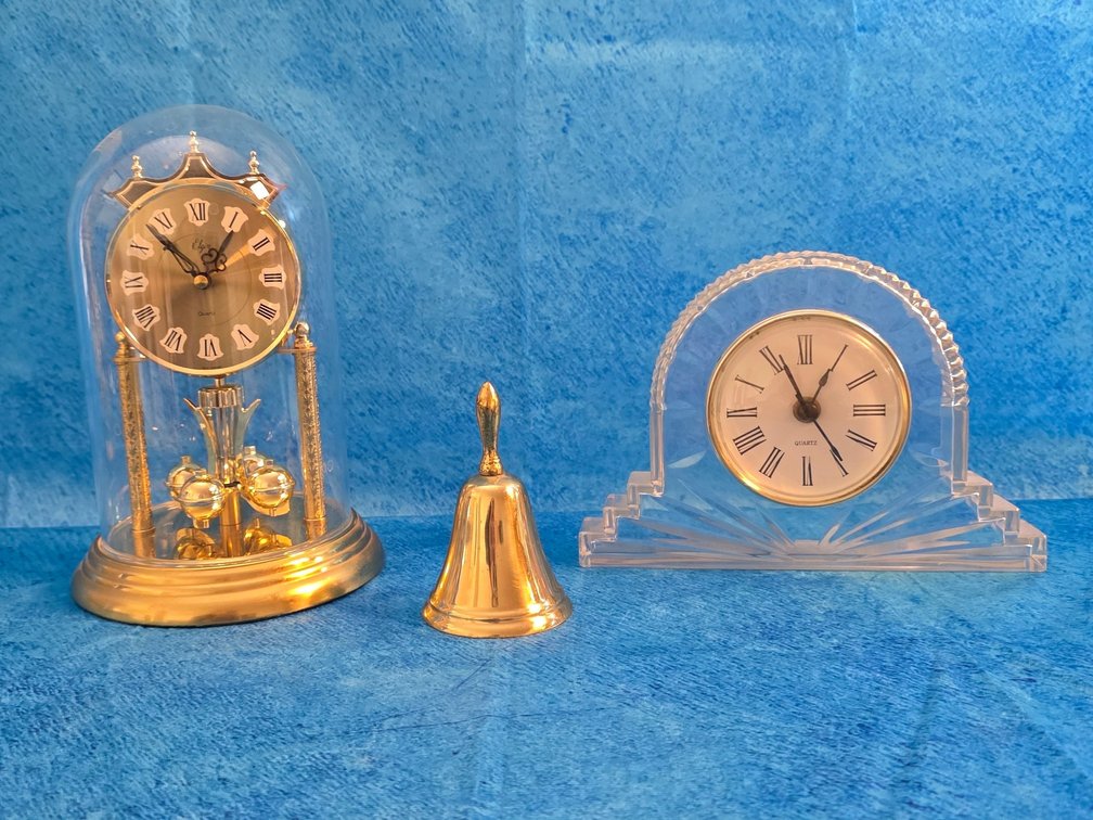 Elgin Anniversary Clock, Plastic Arched Clock & Brass Bell