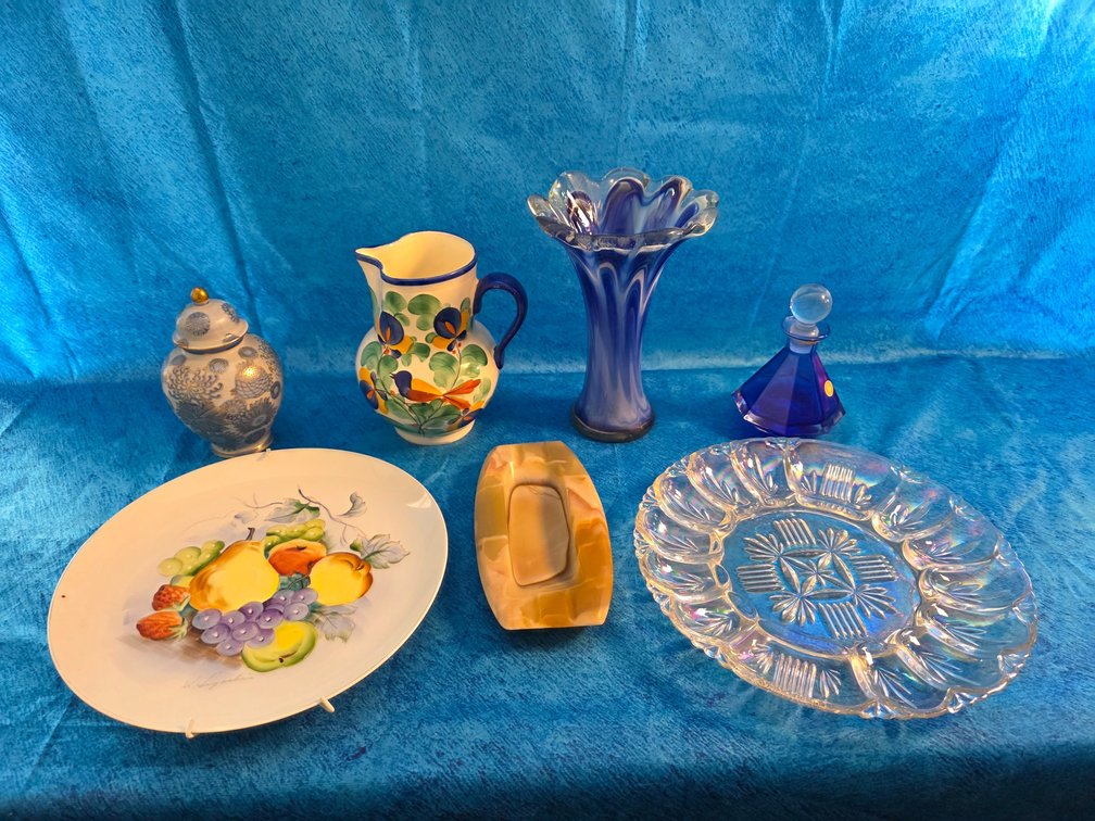 Hand-Painted Floral Pitcher, Hand Painted Ginger Jar, Cobalt Perfume Bottle & More