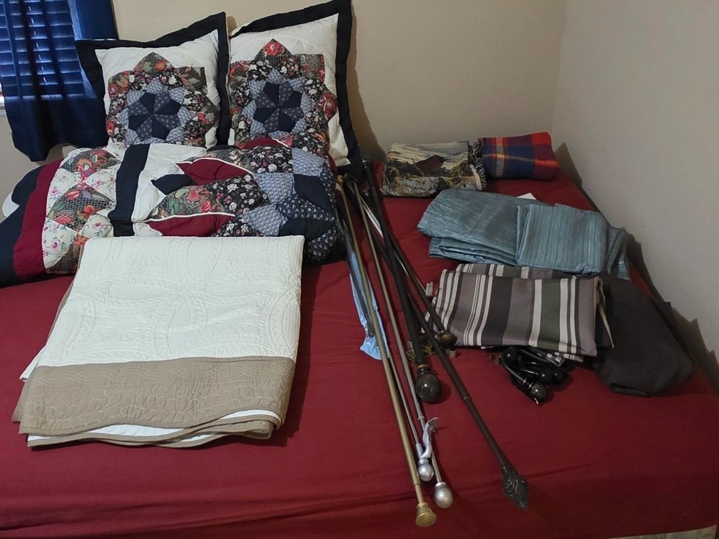 Quilted Comforter, Pillow Shams, Curtains, Curtain Rods & More (LPO)