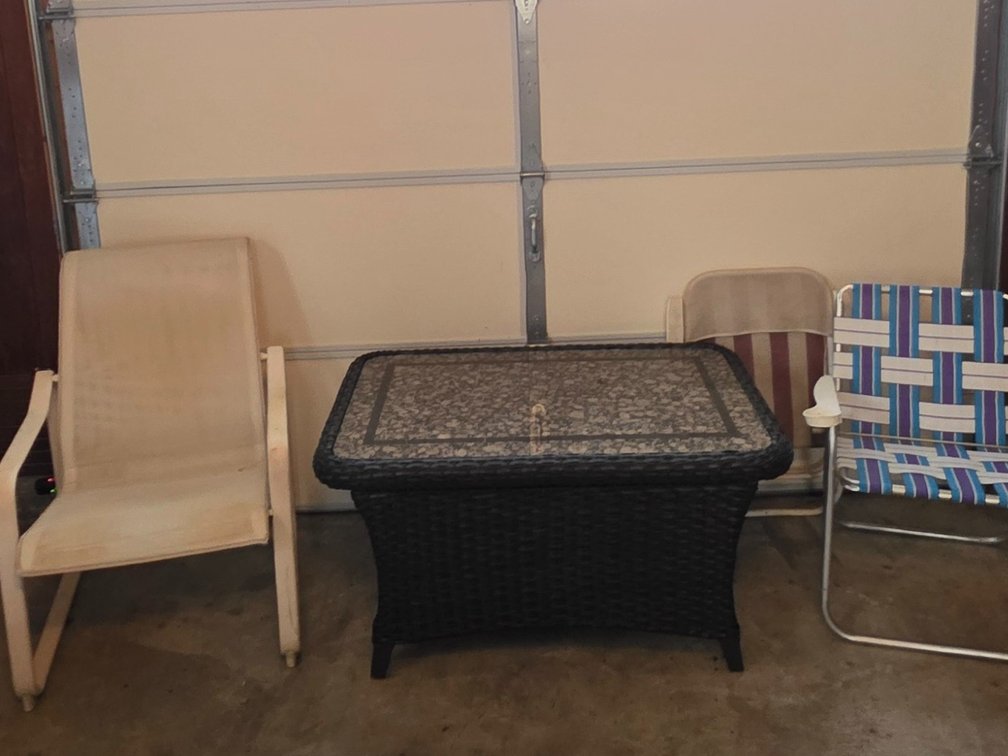 Wicker Table, & (3) Lawn Chairs (LPO)