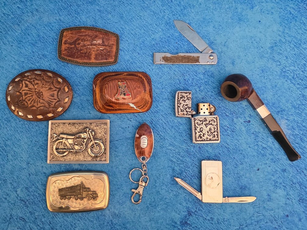 (5) Belt Buckles, Zippo Lighter, Pipe & More