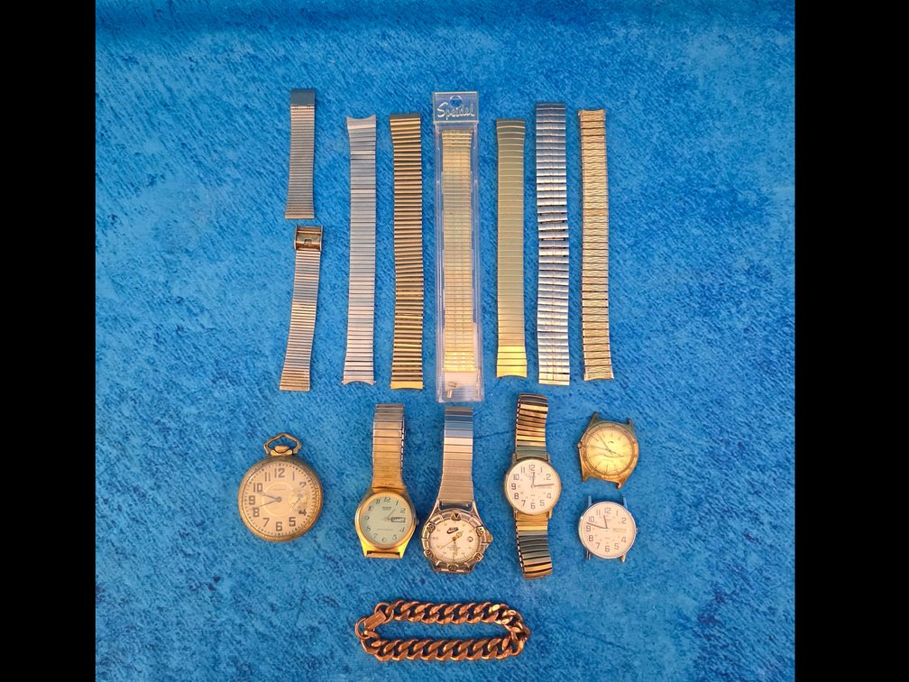 (5) Men's Wristwatches, Pocket Watch, Copper Bracelet & Watch Bands