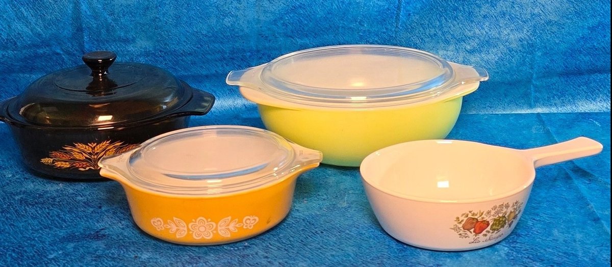 Vintage 2-Qt. Lime Green Pyrex Casserole, Anchor Hocking Amber Wheat Casserole & More