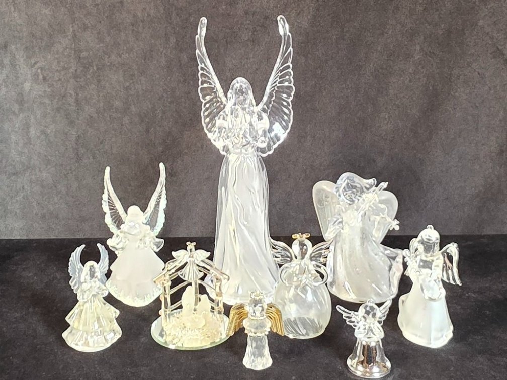 (8) Clear Plastic Angel Figurines & (1) Glass  Angel Figurine
