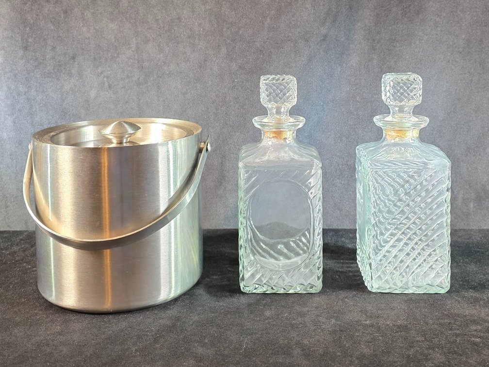 Stainless Ice Bucket & (2) Glass Decanters