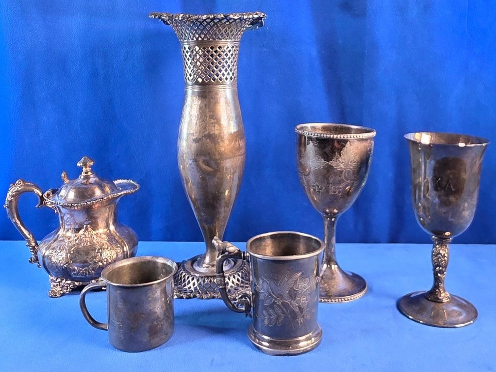 Silver Plate Vase, Tea Pot, Goblets & More
