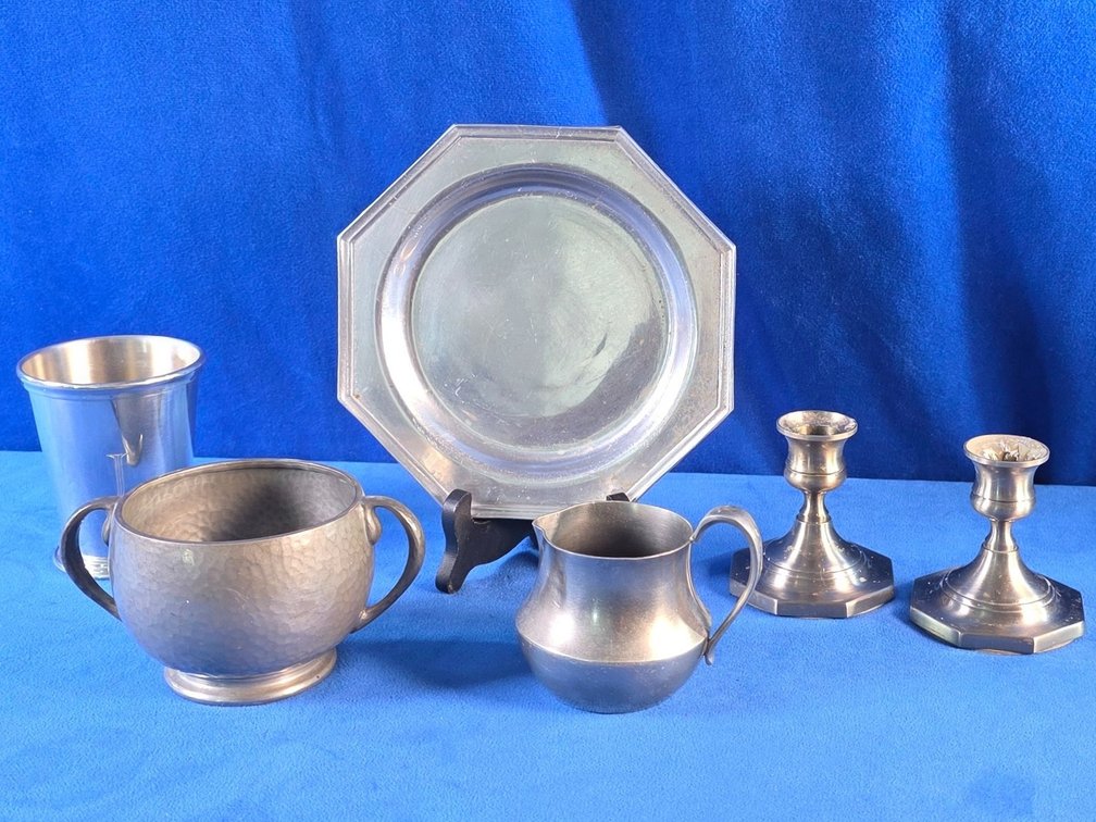 (1) Pair Baldwin Brushed Pewter Candle Holders, Bowl & More