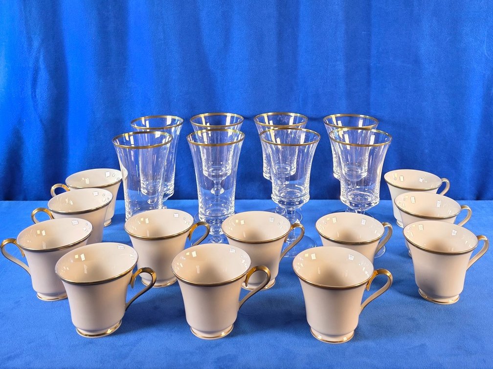 (12) Lennox Eternal Teacups & (8) Gold Rimmed Stemware Glasses