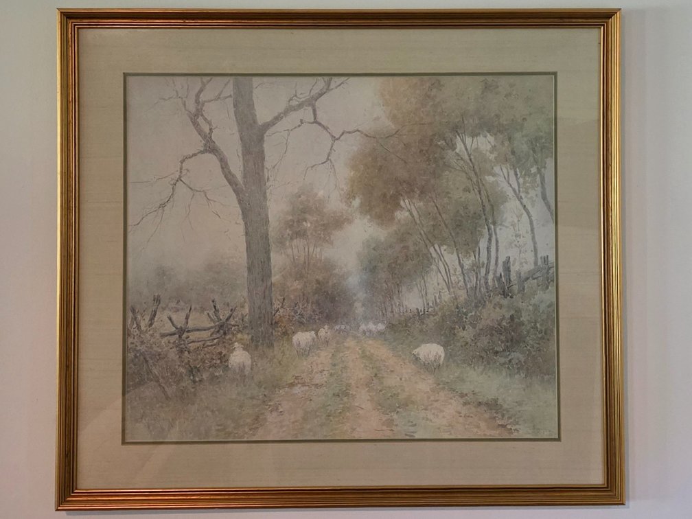 Framed Paul Sawyier Print titled “Pastoral Scene of Sheep”