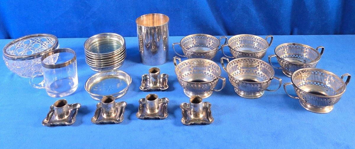 (6) Sterling Bowl Holders, Coasters, Candle Holders, Cups & More