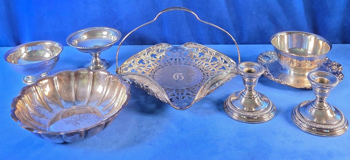 Pair of Sterling Candlesticks, Silver Brides Basket, & More