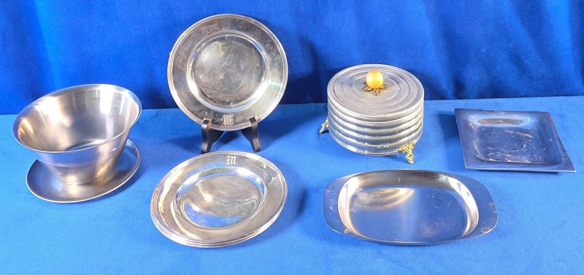 Vintage Aluminum Powder Box Music Box, Silver & Stainless Serving Bowls