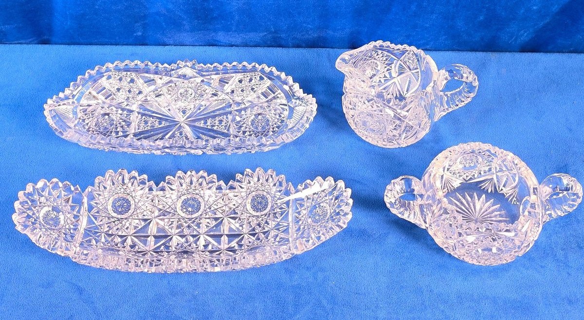 (2) Vintage Relish/Celery Dishes, (1) Vintage Creamer, (1) Vintage Sugar Bowl