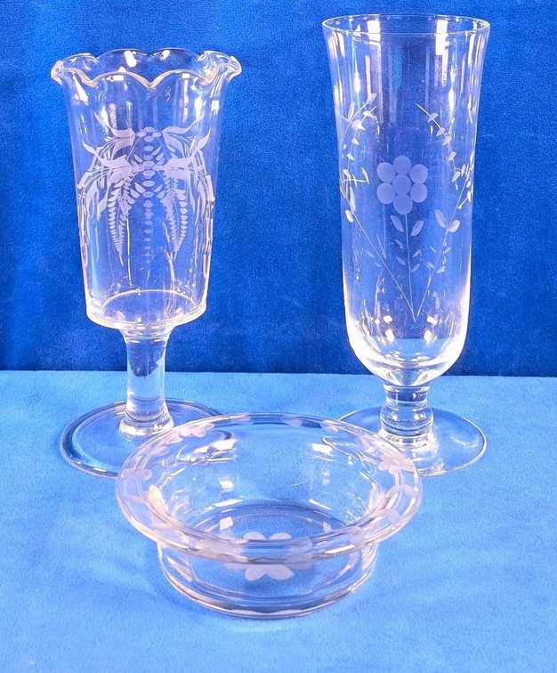 (2) Vintage Etched Glass Vases & Bowl