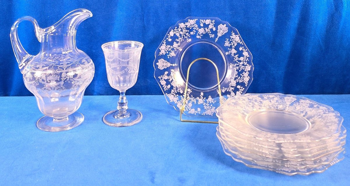 Etched Glass Pitcher, Serving Plater, (7) Plates & More
