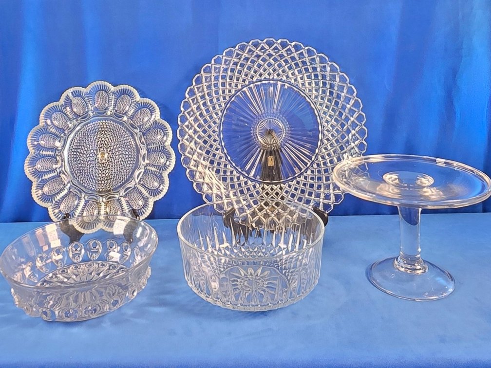 (2) Glass Serving Bowls, Egg Plate, & More