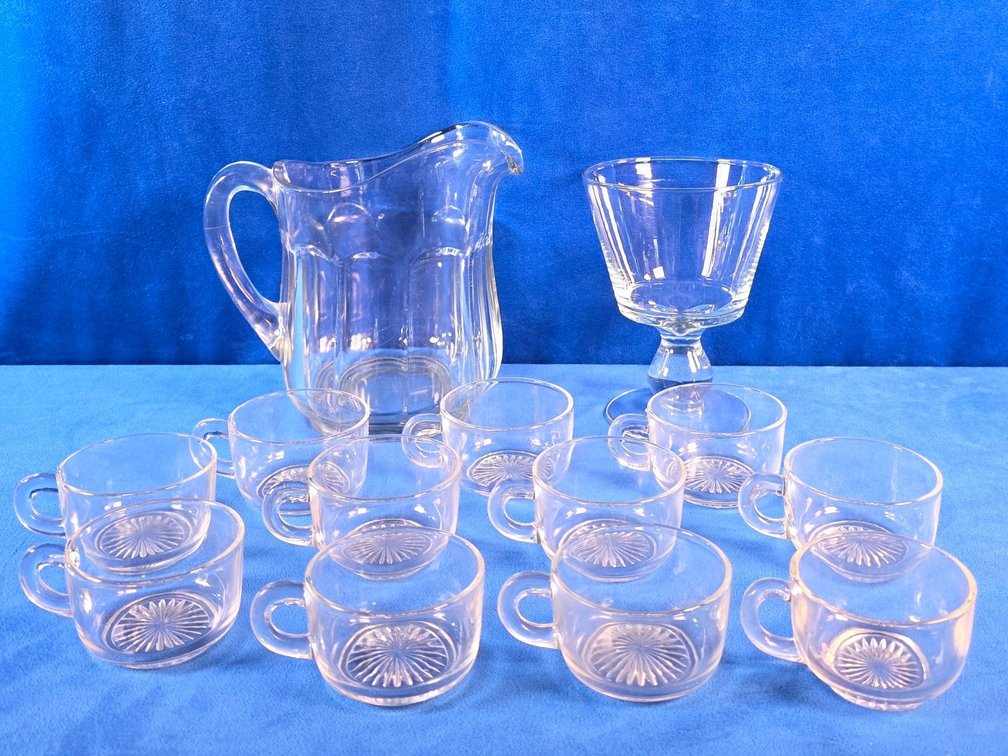 (11) Clear Glass Punch Cups, Pitcher & More