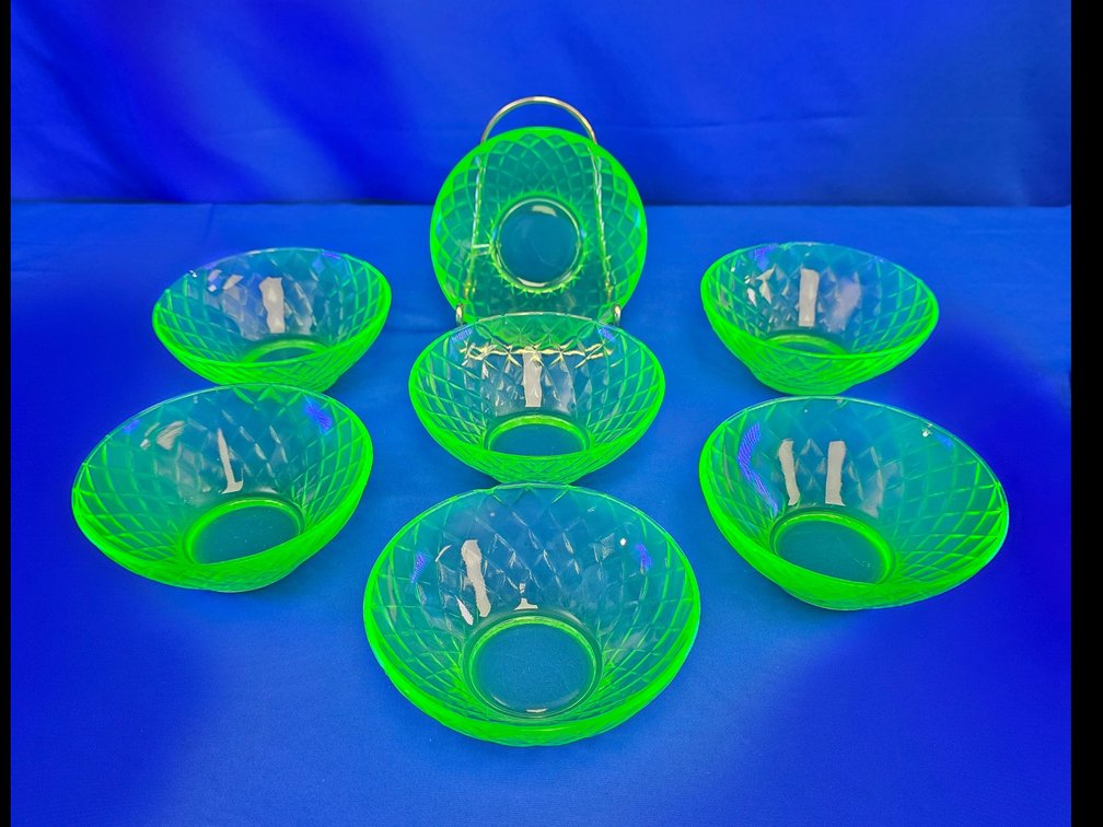 (7) Vintage Green Depression Glass Berry Bowls