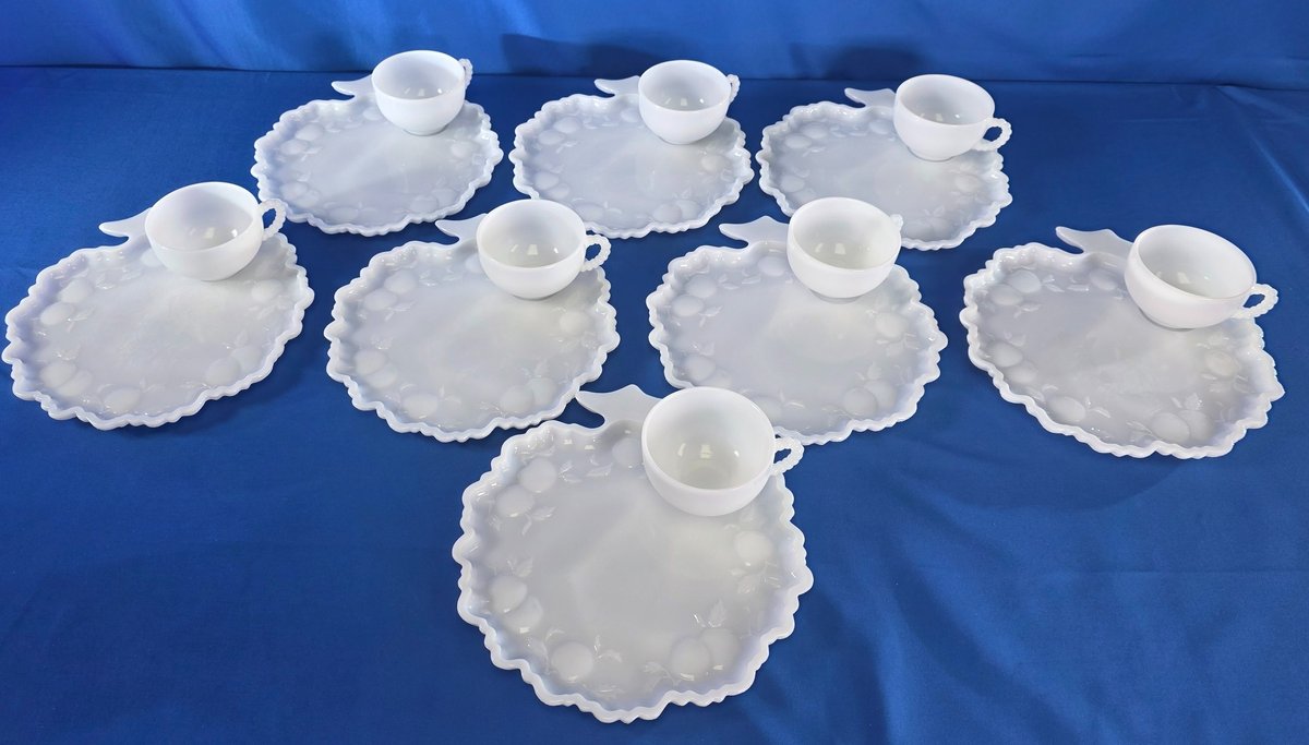 (8) Vintage Milk Glass Snack Sets and Platter