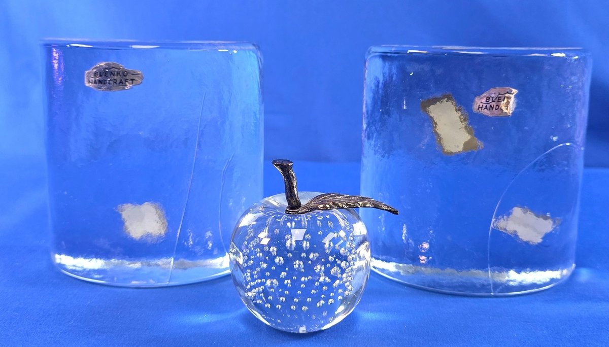 Blenko Art Glass Bookends and Apple Paperweight
