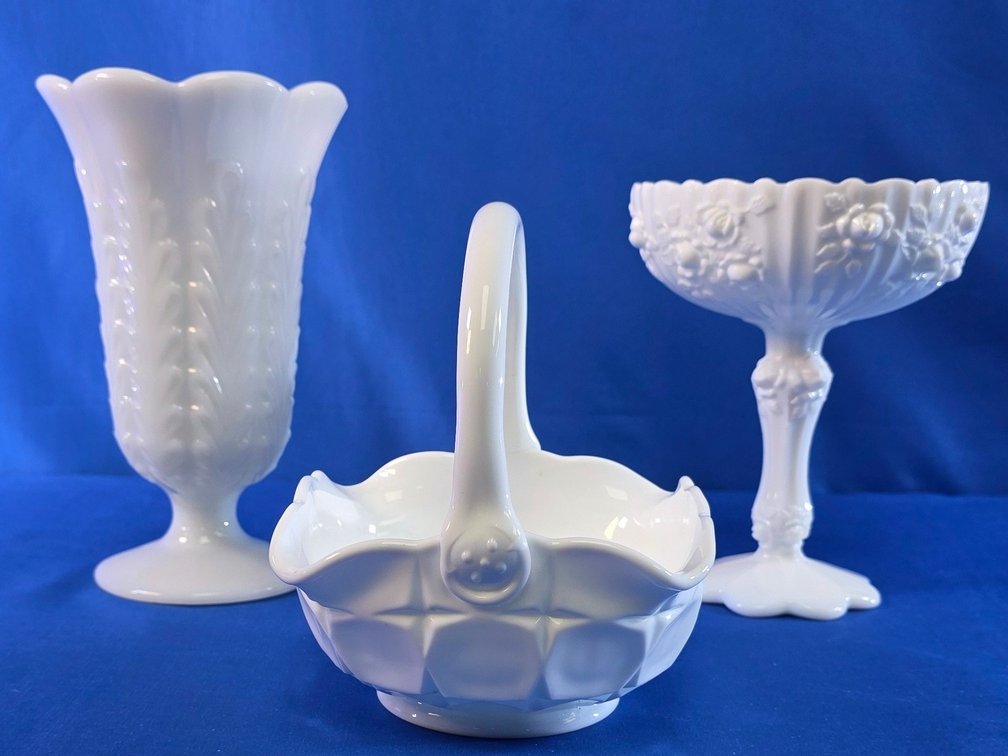 Vintage Milk Glass Vase, Basket & Compote