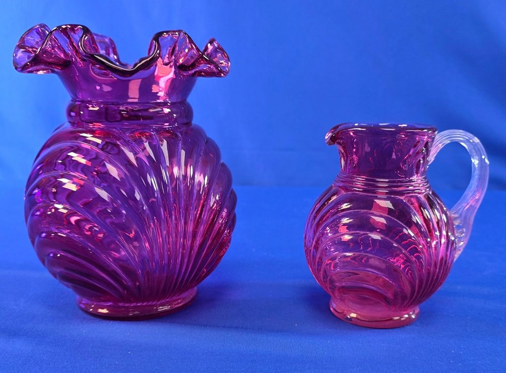Amethyst Swirl Optic Art Glass Vase & Pitcher
