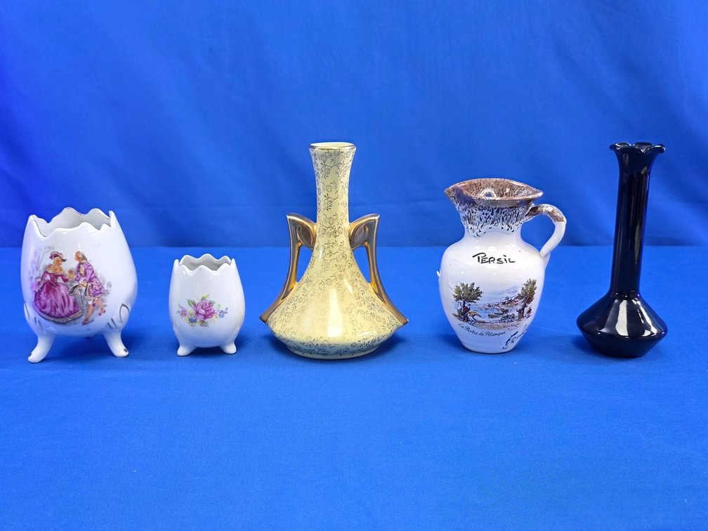 Twin Handled Vase Marked 22K Gold, Black Bud Vase & More