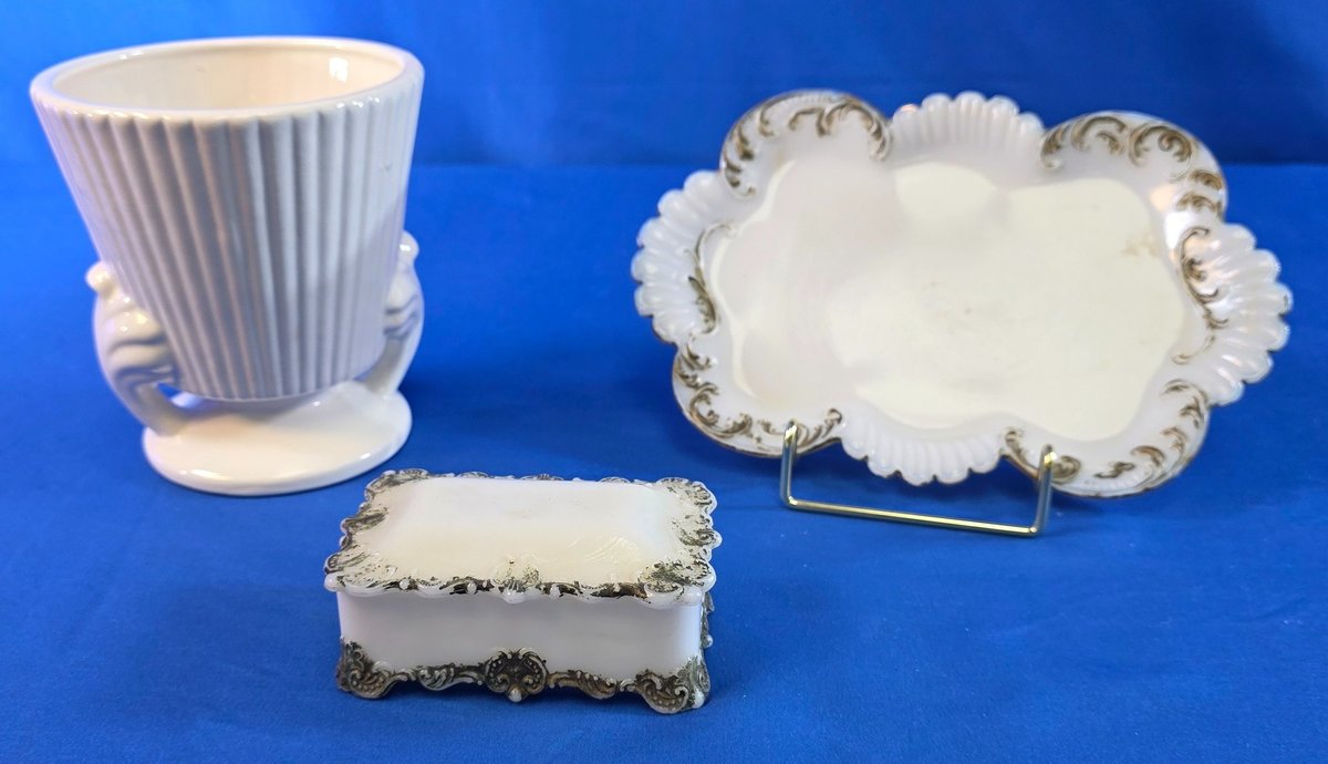 Haeger Ceramic Vase & Milk Glass Vanity Dishes