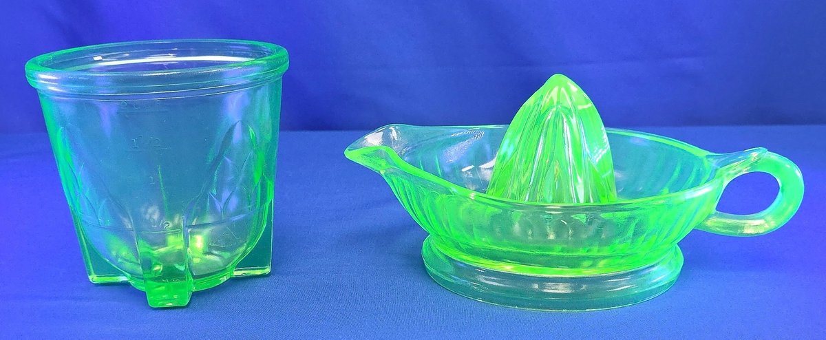 Green Depression Uranium Glass Citrus Reamer and Measuring Cup