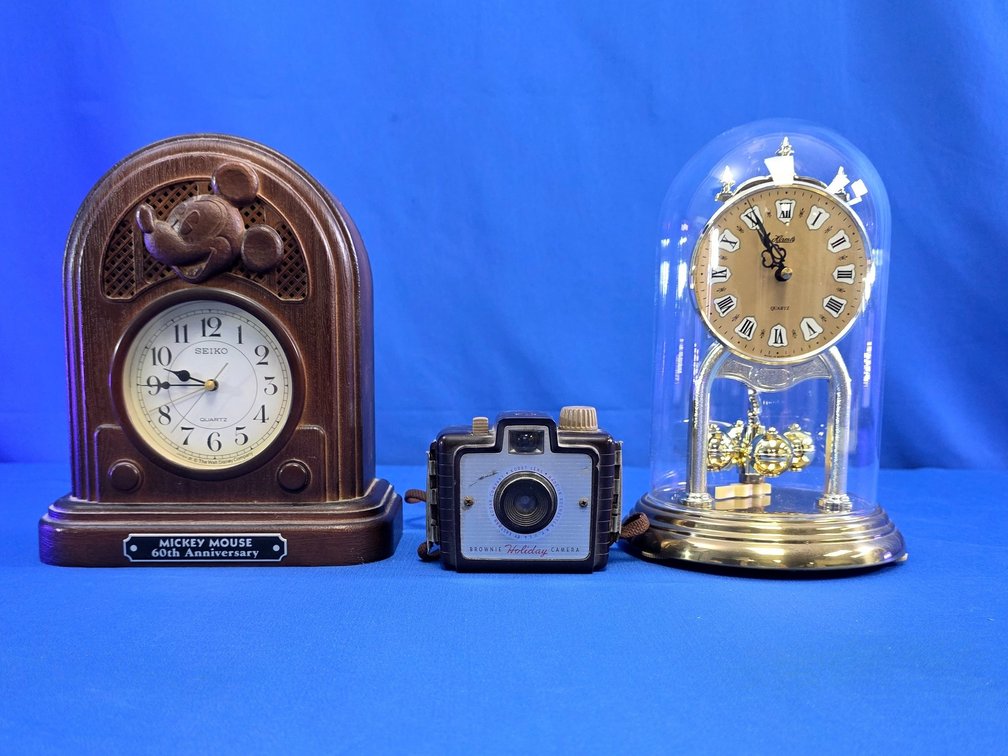 Mickey Mouse 60th Anniversary Clock, Glass Dome Anniversary Clock & Kodak Camera