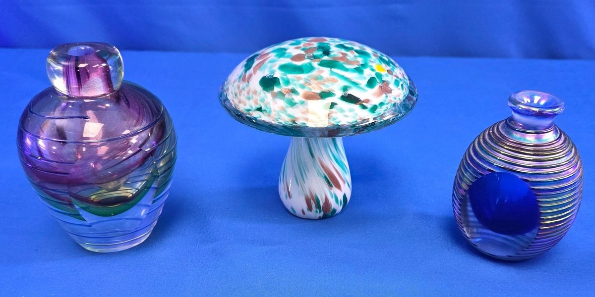 Venetian Art Glass Mushroom & (2) Iridescent Bottles