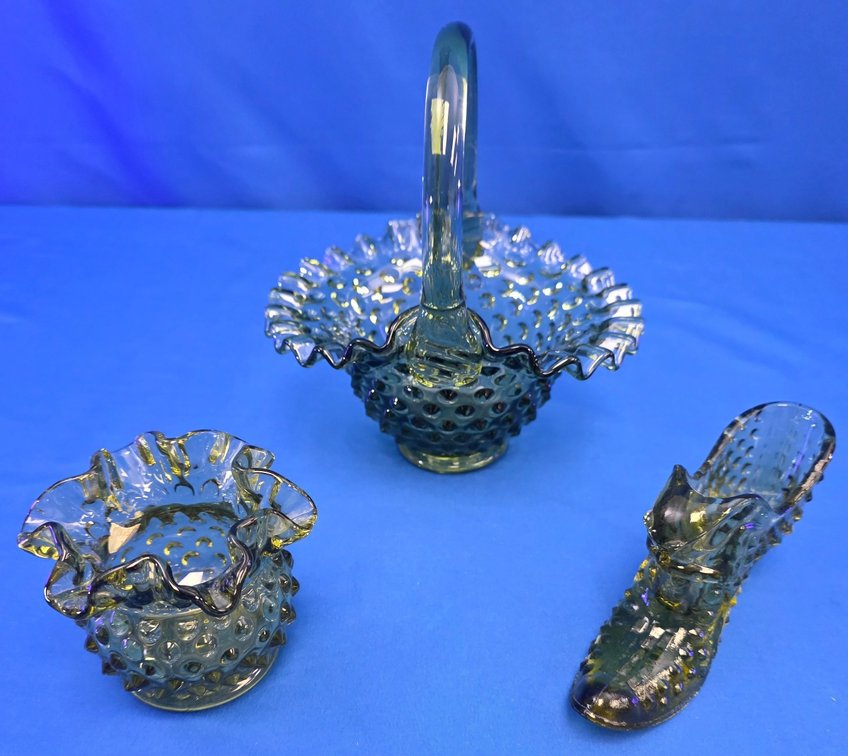 Fenton Green Hobnail Basket, Ruffled Dish & Slipper