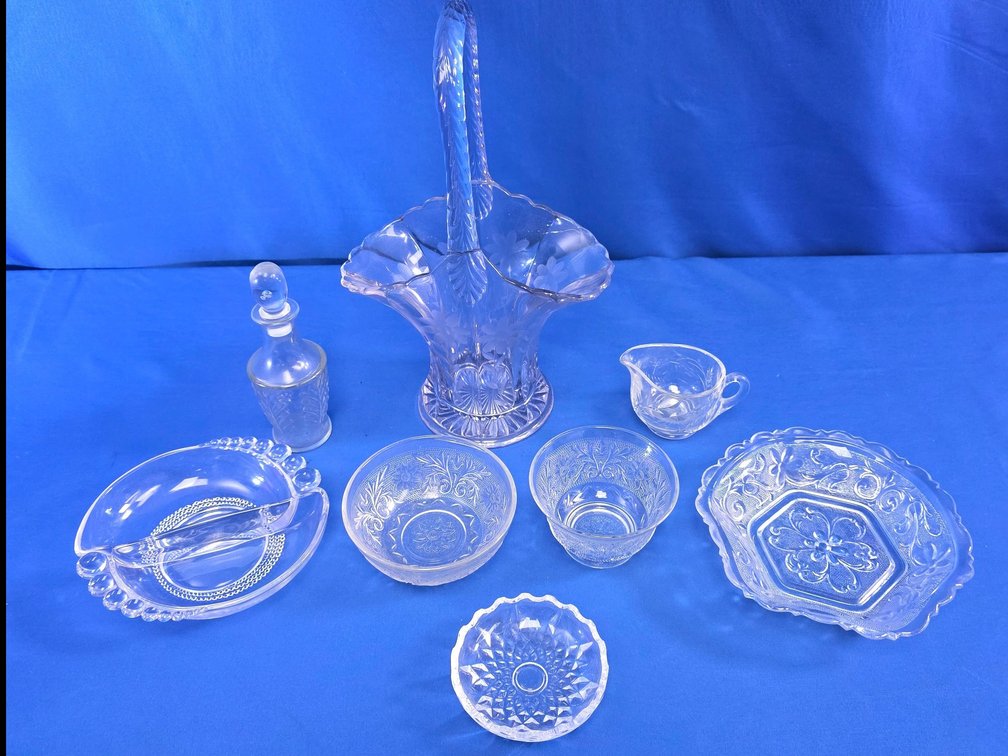 (8) Pieces of Vintage Clear Pressed and Etched Glassware