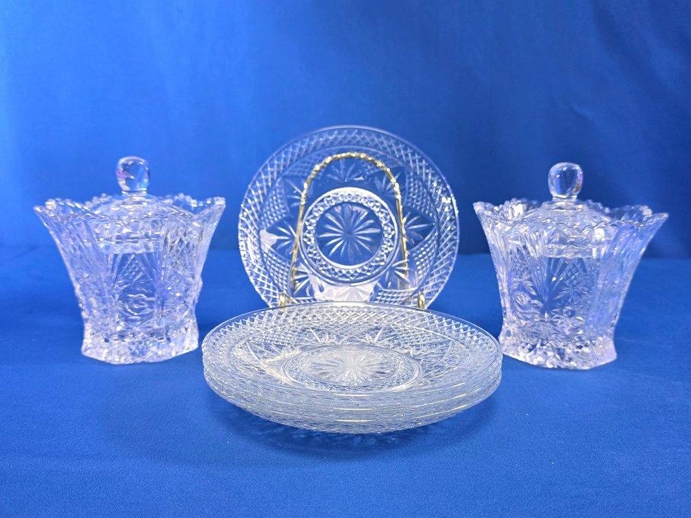 (2) Clear Cut Glass Sugar Bowls and (4) Plates