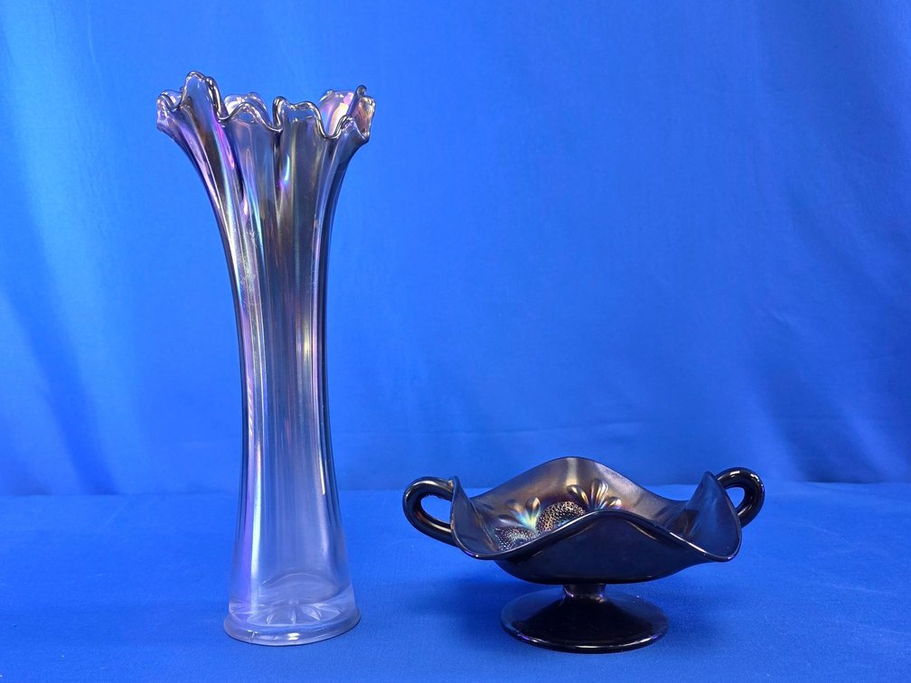 Carnival Glass Swung Vase and Handled Compote