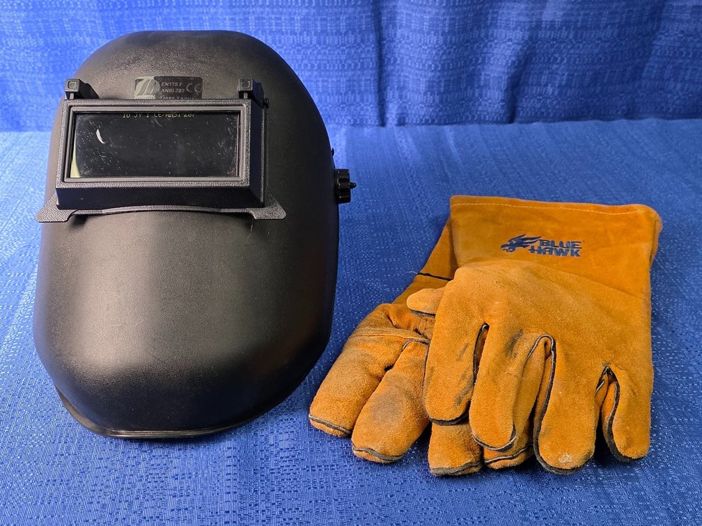 Welding Helmet and Blue Hawk Leather Gloves