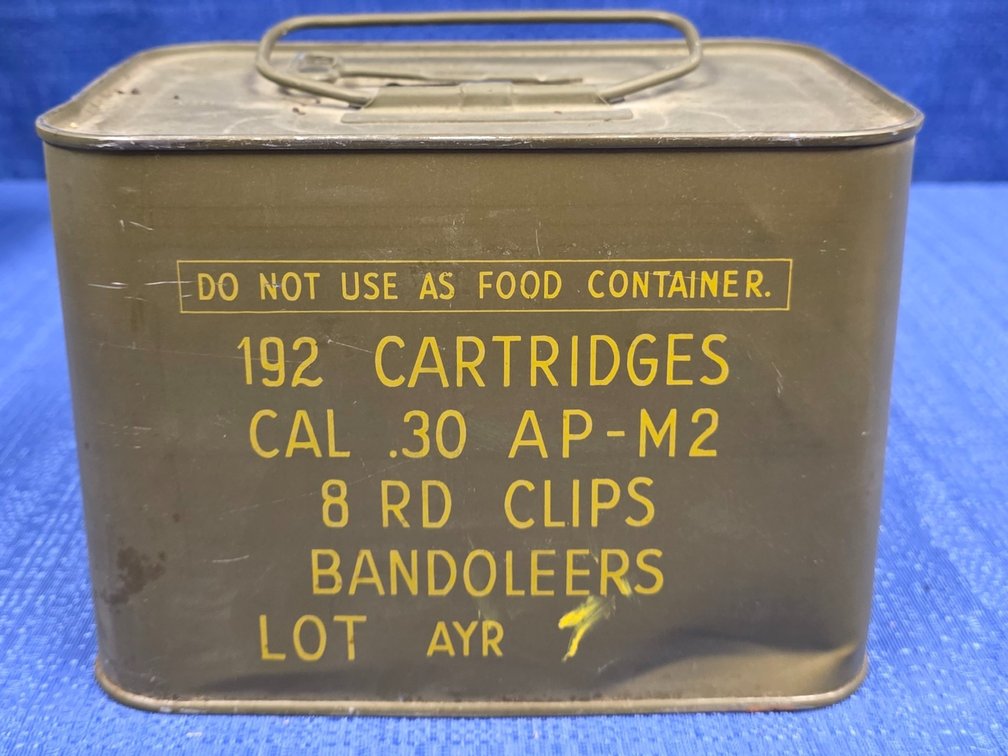 (192) rnds. of M2 30-06 Armor Piercing in (8) rnd. Clips and Bandoleers w/Ammunition Can