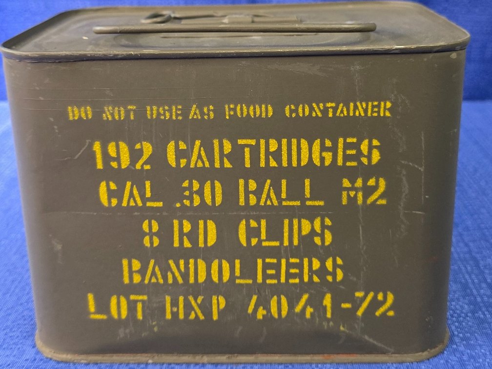 (192) rnds. of Cal .30 Ball M2 in (8) Round Clips and Bandoleers in Ammo Can.