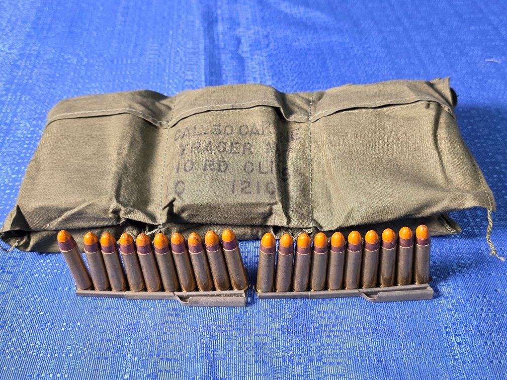 (120) rnds. of .30 Carbine Tracer Ammo in (10) rnd. Clips & (2) Bandoleers